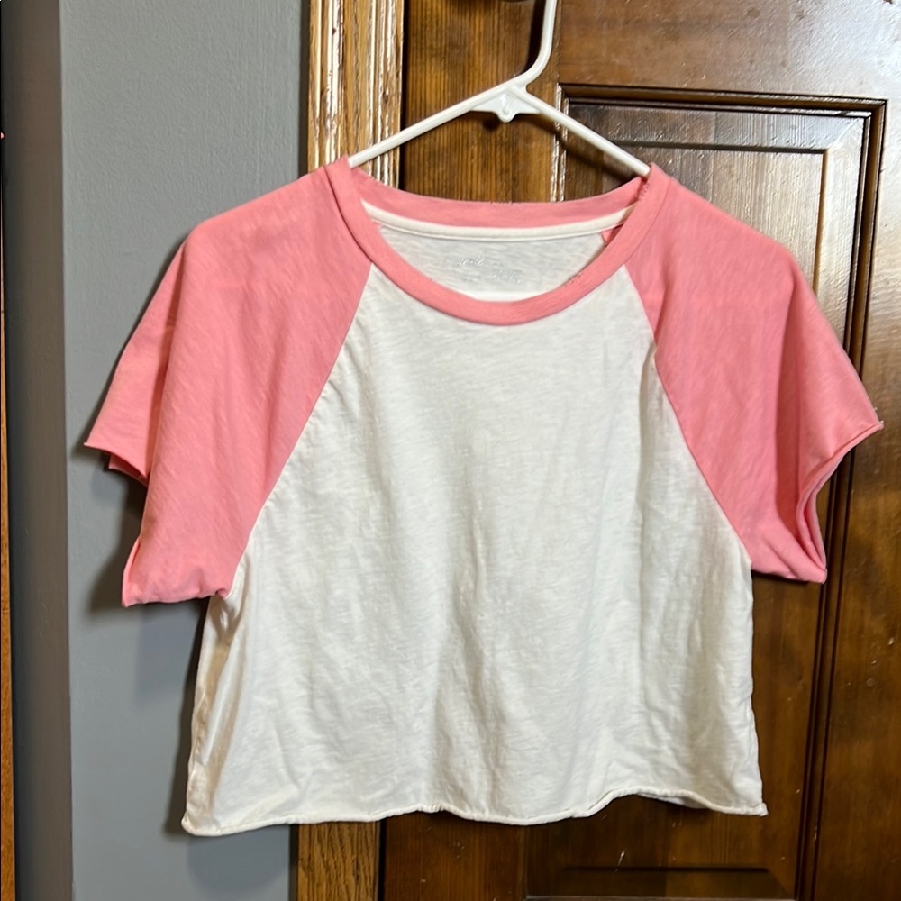 *Aerie Pink and White Cropped Colorblock Tee